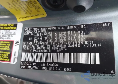 2011 Toyota Venza z USA, uszkodzony, nr VIN 4T3ZA3BB9BU046736